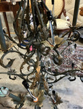 Large Scrolling Black Metal Vintage Chandelier With Leaf Details