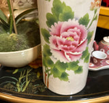 Vintage Asian Style White Ceramic Skinny Vase With Floral Accents