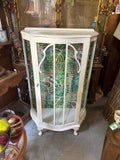 Vintage White Wooden Short Light Up Glass Display Cabinet With Tropical Wallpaper Background