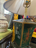 Vintage Asian Green Metal Lamp with Red Figure Accents- Condition Issues