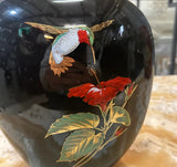 Asian Ceramic Vintage Black Thin Vase With Hummingbird Accents