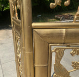 1970s Gold Bamboo Carved Screen Greek Key Bird Motif