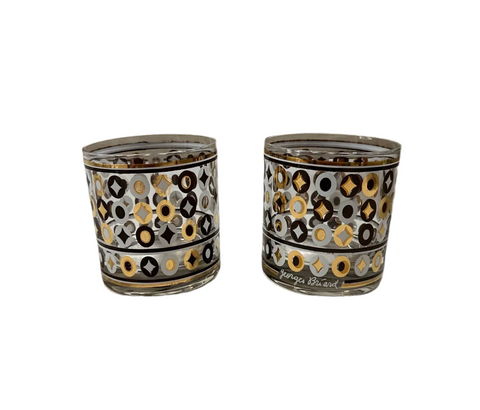Pair of 1970s Georges Briard Gold, Black, and White Lowball Glasses
