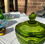 Green Glass Eagle Pedestal Dish With Matching Lid