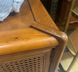 Pair of Wooden Mid-Century End Tables With Caned Accents and Deep Storage
