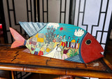 Hand Painted Folk Art Wedding Scene on Wooden Fish Art Piece