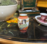 Miniature Vintage Asian Style Vase With Woman and Fan Design