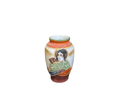 Miniature Vintage Asian Style Vase With Woman and Fan Design