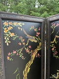 Vintage Black Hand Painted Screen With Floral and Textile Details