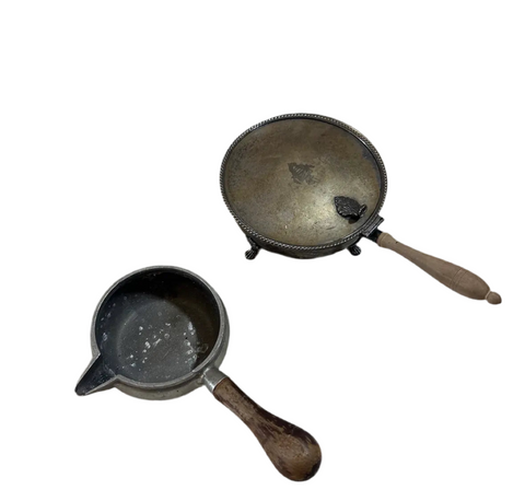 Pair of Vintage Silver Silent Butler and Serving Dish With Spout and Wooden Handles