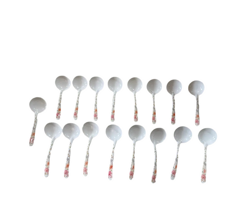 Collection of White Floral Plastic Soup Spoons- Set of 17