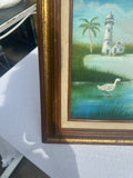Lighthouse and Egrets Seascape Painting on Canvas, Signed by the Artist, Framed