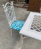 1970s White Wicker Dining Table With Metal Chairs and Blue Accent Cushions