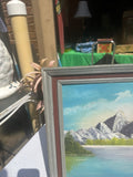 Framed Waterside Mountain Landscape Painting on Canvas, Signed by the Artist