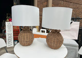 Pair of Wicker Round Lamps With White Lampshades