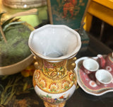 Small Vintage Asian Style Ceramic Orange and White Vase With Gold Details