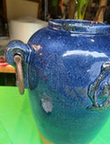 Oversized Blue Ceramic Vase With Metal Ears