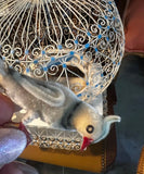 Vintage Indo-French White Metal Bird Cage With Hand Made Bird Figurines