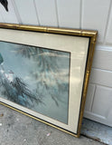 Signed Painting of Bird and Foliage in Gold Bamboo Frame