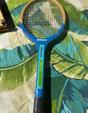 Vintage Collection of Wilson Wooden Tennis Rackets With Blue Accents, Cover, and Guard