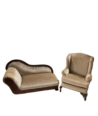Champagne Colored Velvet, Upholstered Pair of Miniature Chairs