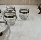 1970s Collection of Small Glasses and Matching Pitcher With Silver Accents- Set of 11