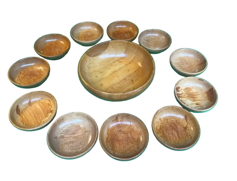 Collection of Stamped Sterling Silver Pedestal Wooden Bowl With Serving Dishes