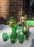 Collection of Venetian Green Glass Serving Pieces With Gold Accents