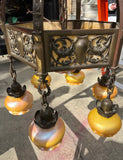 Vintage Heavy Brass Detailed Chandelier With Stained Glass Accents
