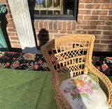 Pair of Miniature Wicker Chairs With Floral Cushions and Matching Ottoman