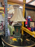 Vintage Asian Green Metal Lamp with Red Figure Accents- Condition Issues