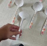 Collection of White Floral Plastic Soup Spoons- Set of 17