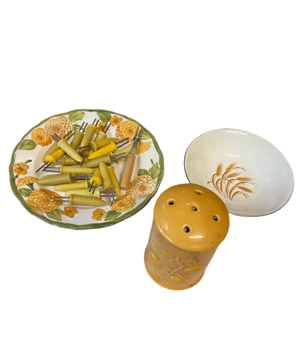 Yellow Vintage MCM Corn Holders, Plate, Bowl, and Salt Shaker- Set of 25
