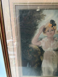 Antique Signed Print of Woman in Garden, Framed