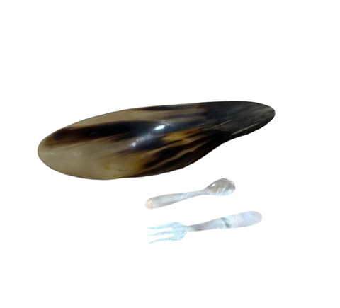 Horn Carved Bowl and Mother of Pearl Utensils Collection- Set of 3