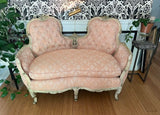 1970s Vintage French Pink Cushioned Settee With White Wooden Detailed Frame