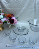 Collection of Glass Etched Punch Bowls and Cups With Matching Serving Tray and Bowl- Set of 10