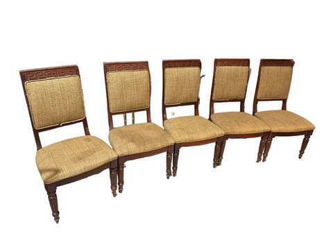 Collection of Wooden Greek Key Dining Chairs, Needs Reupholstery- Set of 5