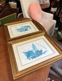 Pair of Blue and White Church Prints, Signed and Framed