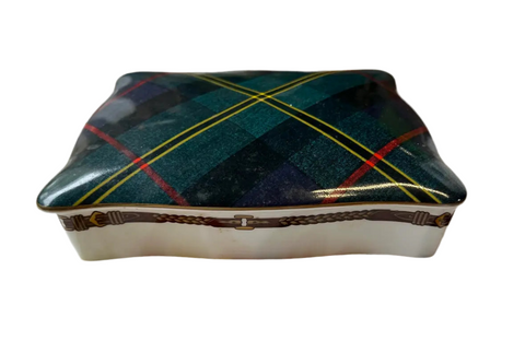 Vintage Ralph Lauren Wedgwood Green Plaid Ceramic Box With Gold Equestrian Motif Details