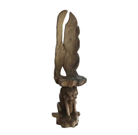 Vintage Wooden Hand Carved Sculptural Lion Plant Stand, Signed