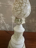 Vintage White Ceramic Table Lamp with Green Floral Accents and Lampshade