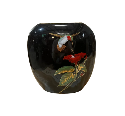 Asian Ceramic Vintage Black Thin Vase With Hummingbird Accents