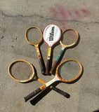 Collection of Vintage Wooden Wilson Tennis Rackets With Cover and Blue and Yellow Accents