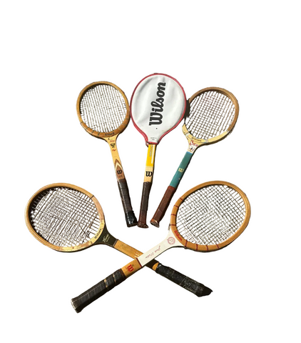 Collection of Vintage Wooden Wilson Tennis Rackets With Cover and Blue and Yellow Accents