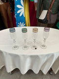 Beautiful Collection of Italian Cristalleria Fumo Handmade Champagne Glasses With Gold and Multi Colored Rims