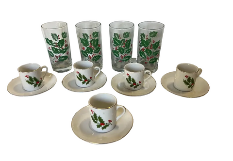 Collection of Vintage Mistletoe Glassware, Espresso Cups With Saucers