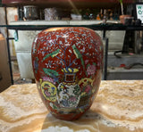 Vintage Ceramic Asian Red Detailed Vase With Floral Accents