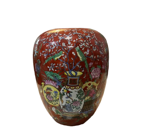 Vintage Ceramic Asian Red Detailed Vase With Floral Accents