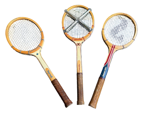 Trio of Vintage Wooden Spalding Tennis Rackets With Clamp